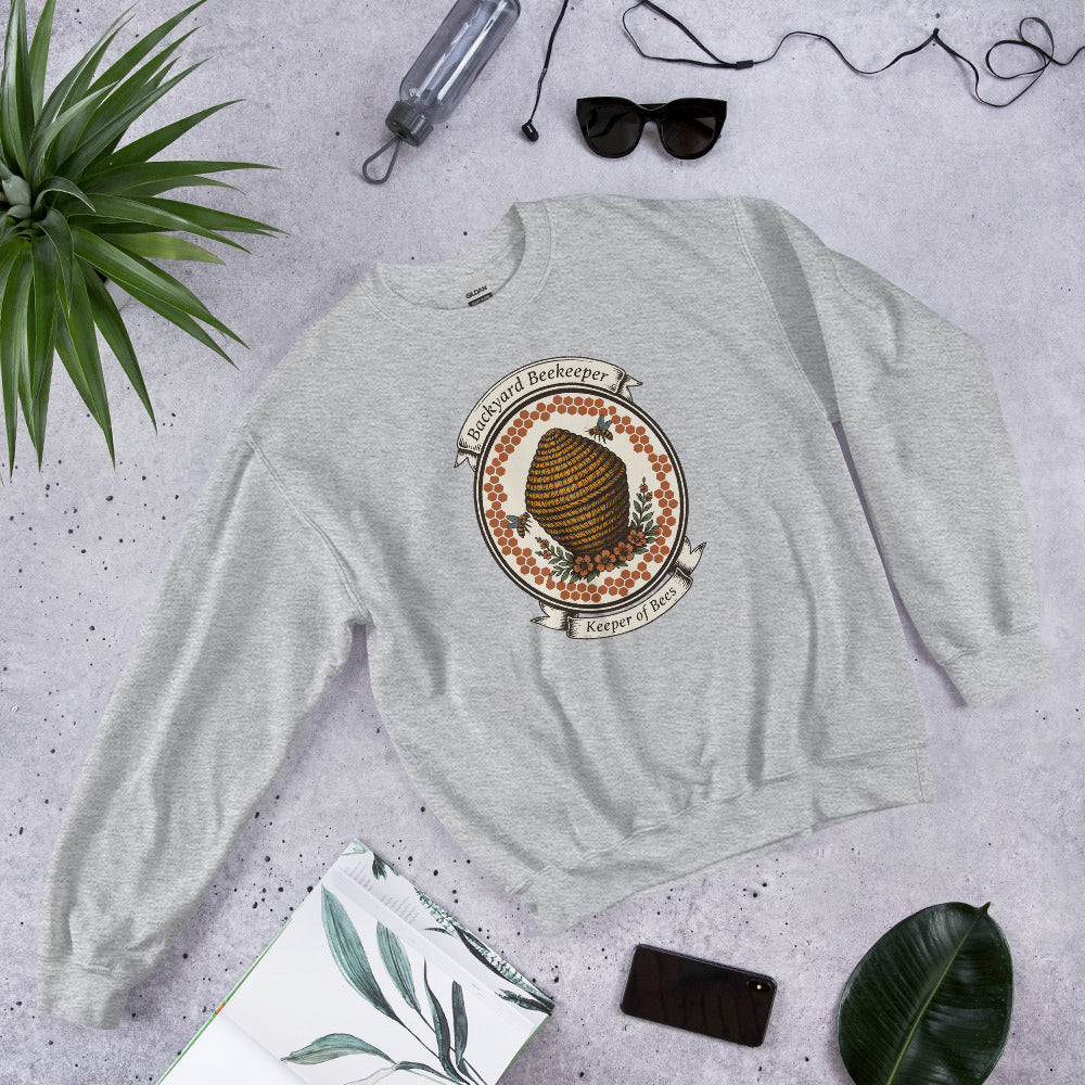 Backyard Beekeeper Keeper of Bees vintage apiary crest crewneck sweatshirt — Sport Grey, front-right