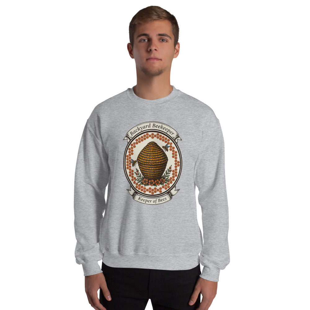 Backyard Beekeeper Keeper of Bees vintage apiary crest crewneck sweatshirt — Sport Grey, on model