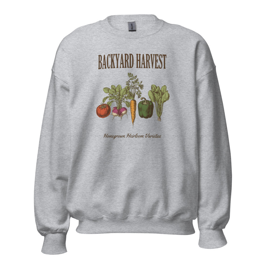 Backyard Harvest heirloom vegetable gardening crewneck sweatshirt — Sport Grey, front