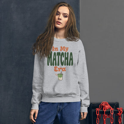 In My Matcha Era retro matcha crewneck sweatshirt — Sport Grey, on model
