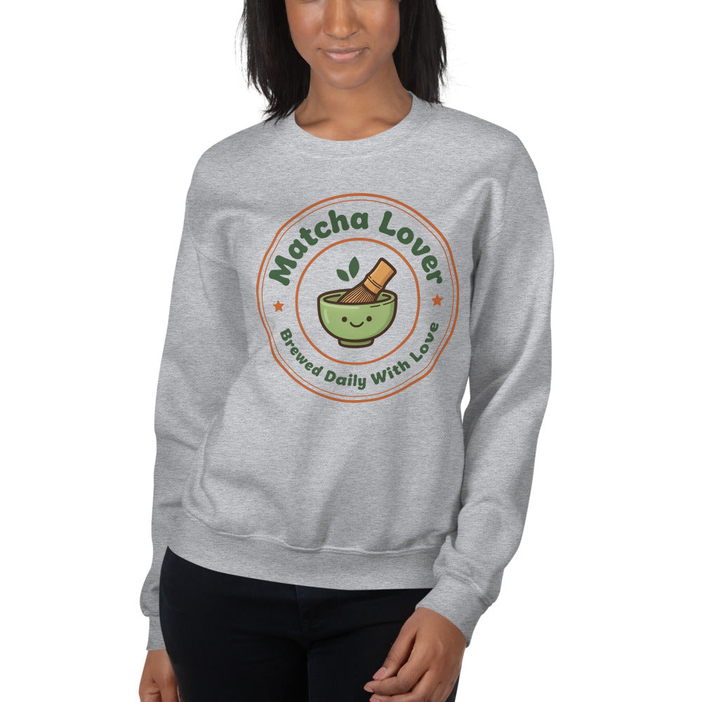 Matcha Lover retro café badge crewneck sweatshirt — Sport Grey, on model