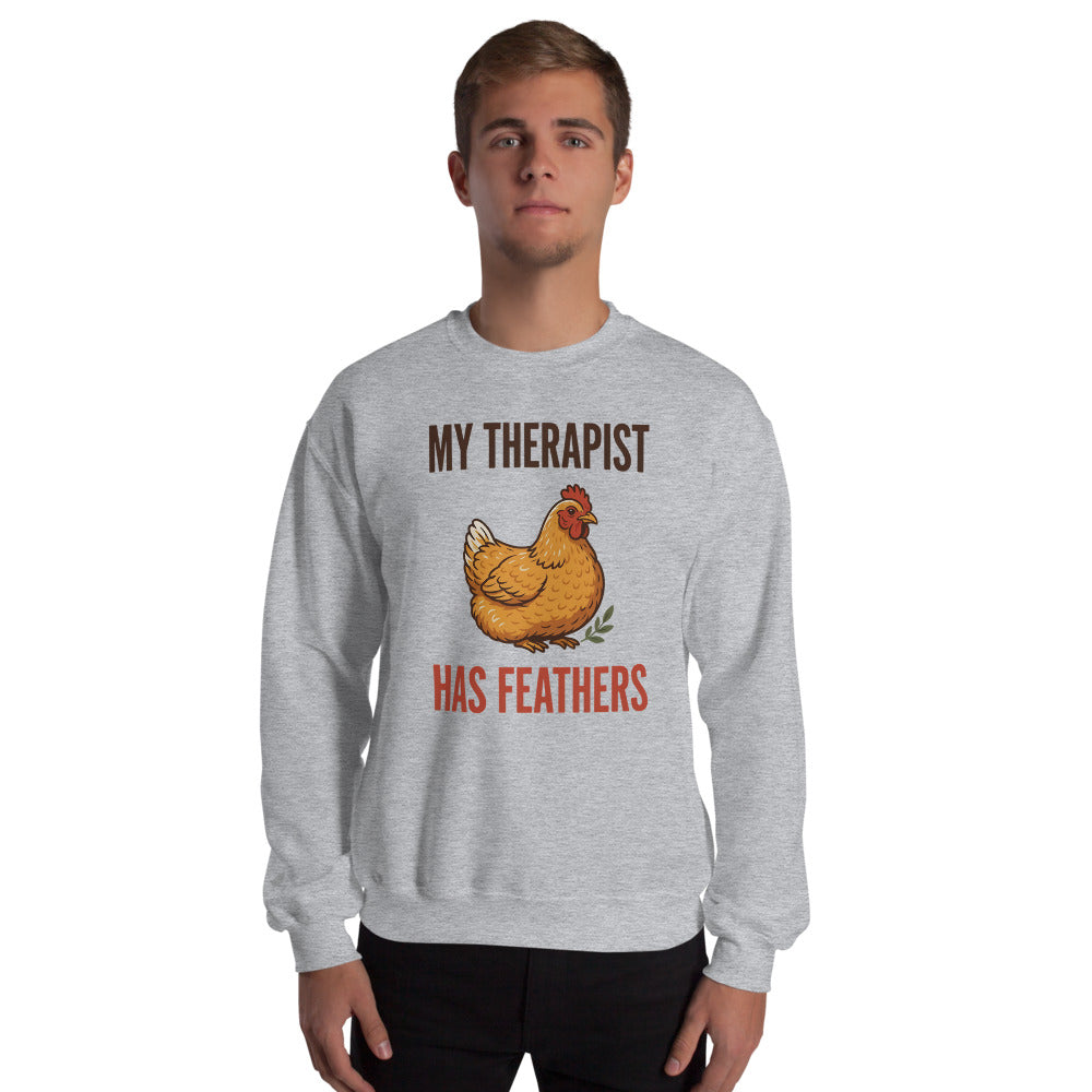 My Therapist Has Feathers funny chicken keeper crewneck sweatshirt — Sport Grey, on model
