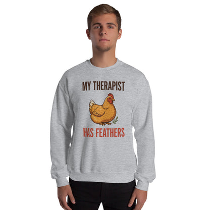 My Therapist Has Feathers funny chicken keeper crewneck sweatshirt — Sport Grey, on model