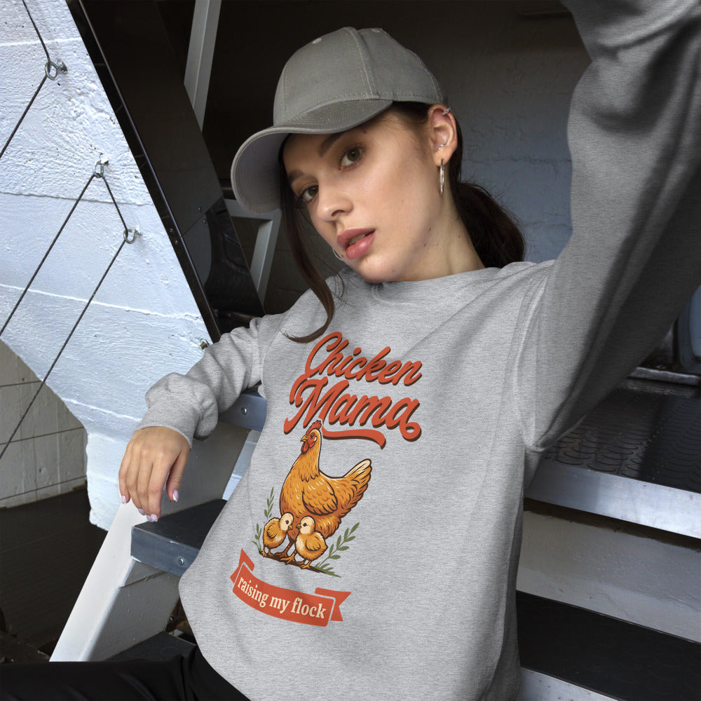 Chicken Mama raising my flock chicken keeper crewneck sweatshirt — Sport Grey, on model