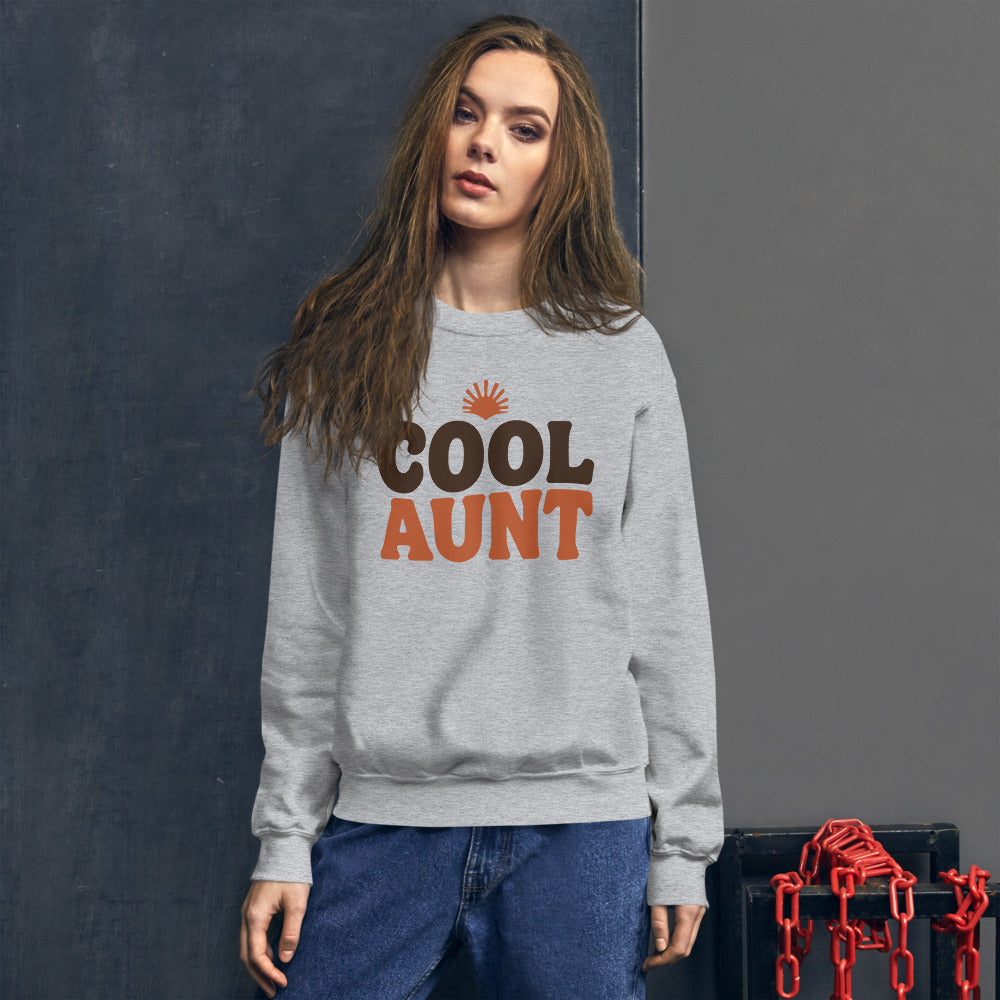 Cool Aunt retro groovy aunt crewneck sweatshirt — Sport Grey, on model