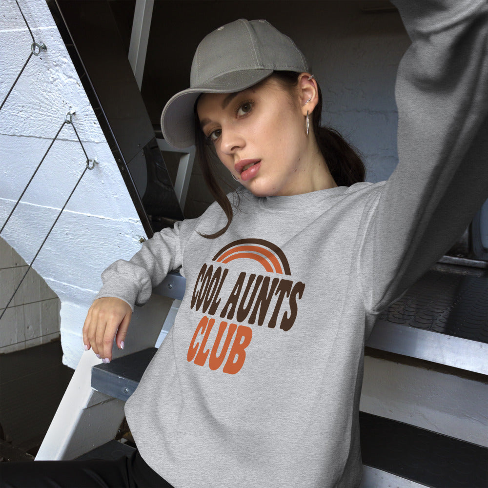 Cool Aunts Club retro groovy aunt crewneck sweatshirt — Sport Grey, on model