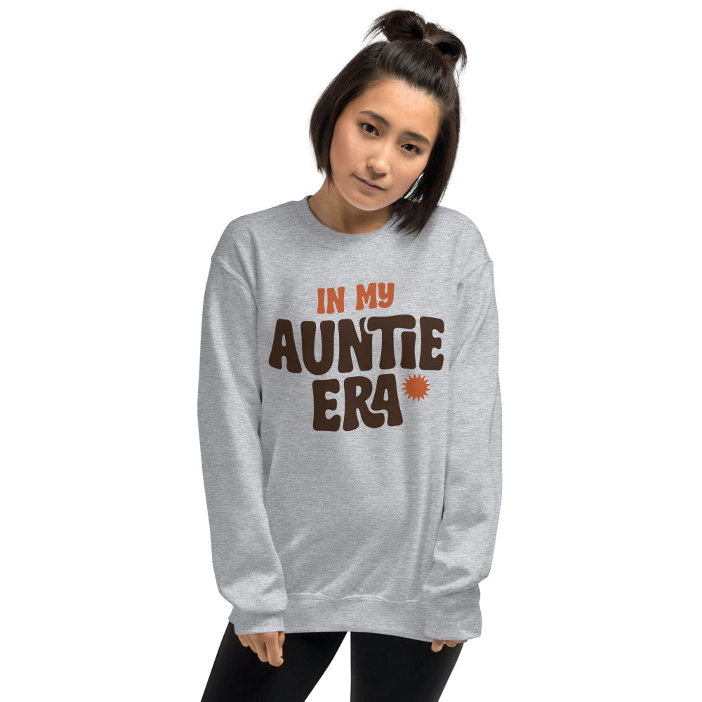 In My Auntie Era retro groovy aunt crewneck sweatshirt — Sport Grey, on model