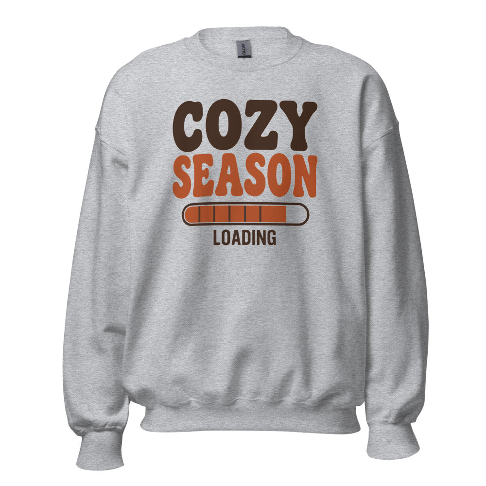Cozy Season Loading retro 70s fall crewneck sweatshirt — Sport Grey, front