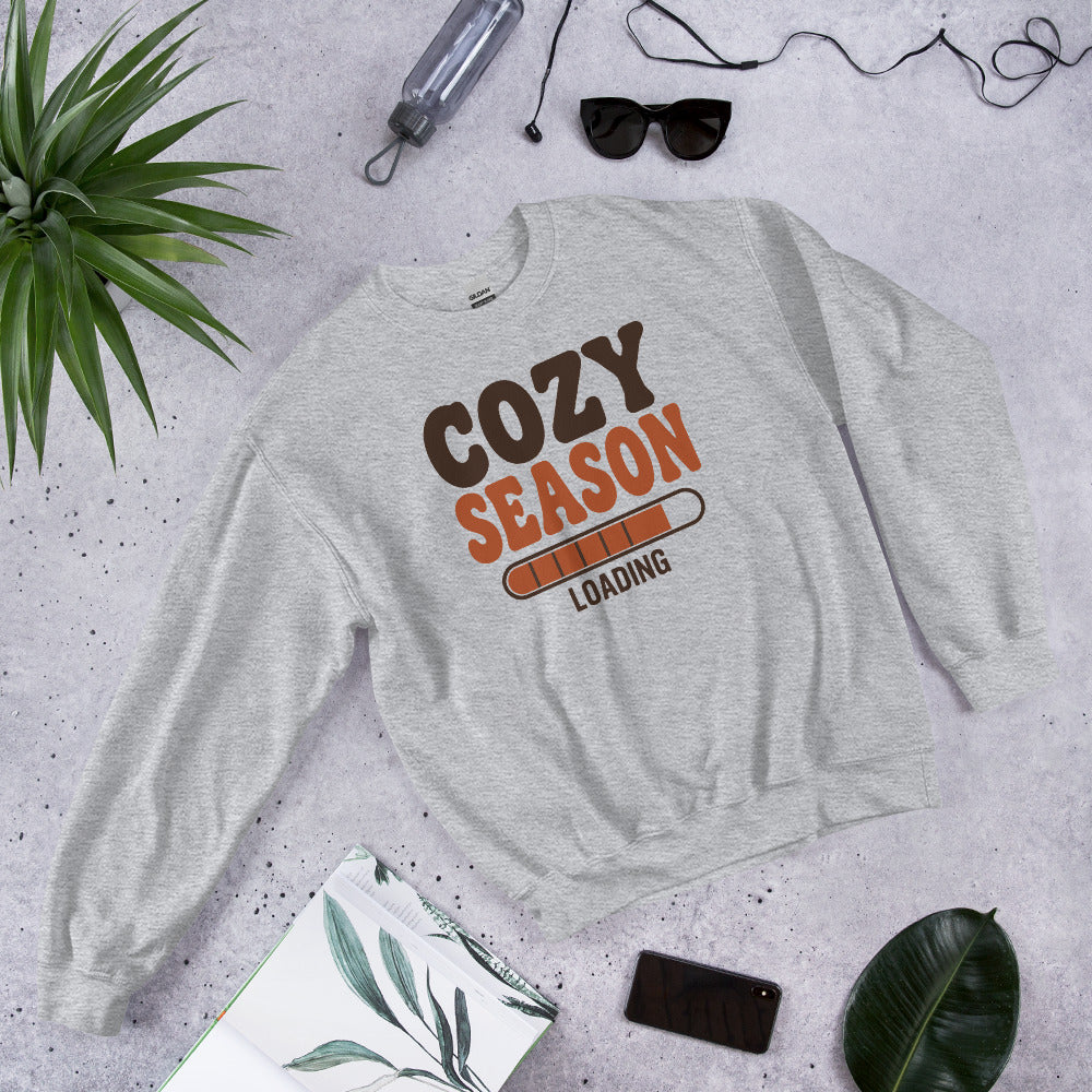Cozy Season Loading retro 70s fall crewneck sweatshirt — Sport Grey, front-right