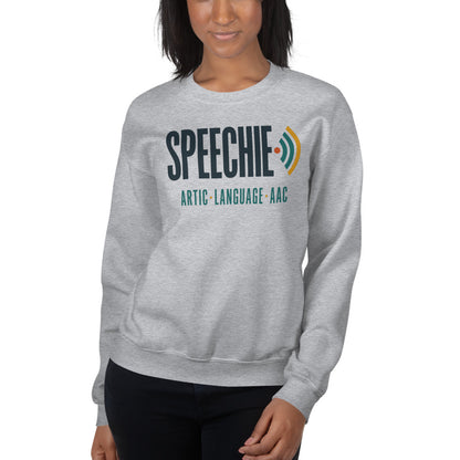 Speechie Wordmark speech therapy crewneck sweatshirt — Sport Grey, on model