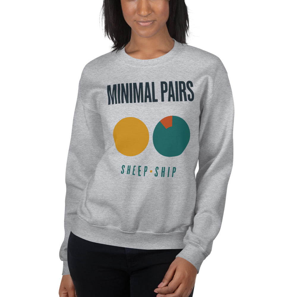 Minimal Pairs speech therapy crewneck sweatshirt — Sport Grey, on model