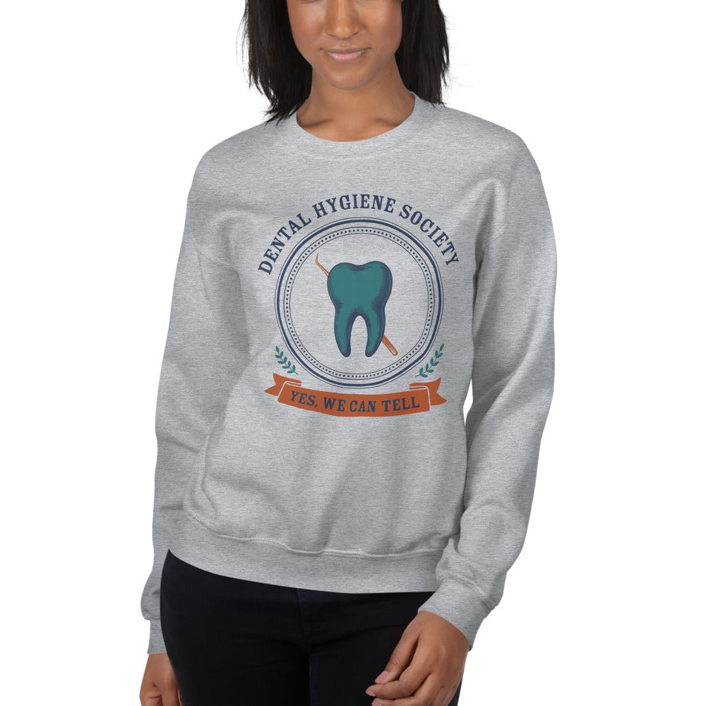 Dental Hygiene Society dental hygienist crewneck sweatshirt — Sport Grey, on model