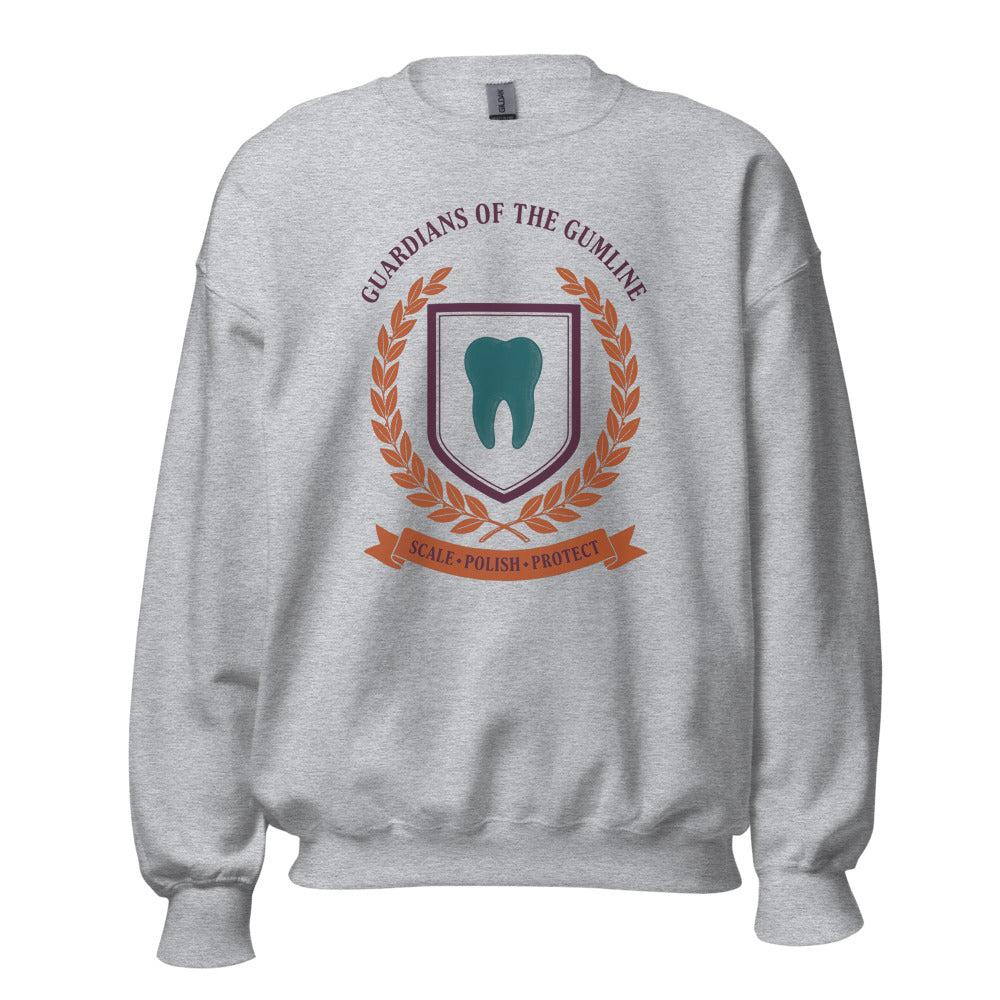 Guardians of the Gumline dental hygienist crewneck sweatshirt — Sport Grey, front