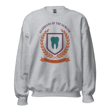 Guardians of the Gumline dental hygienist crewneck sweatshirt — Sport Grey, front