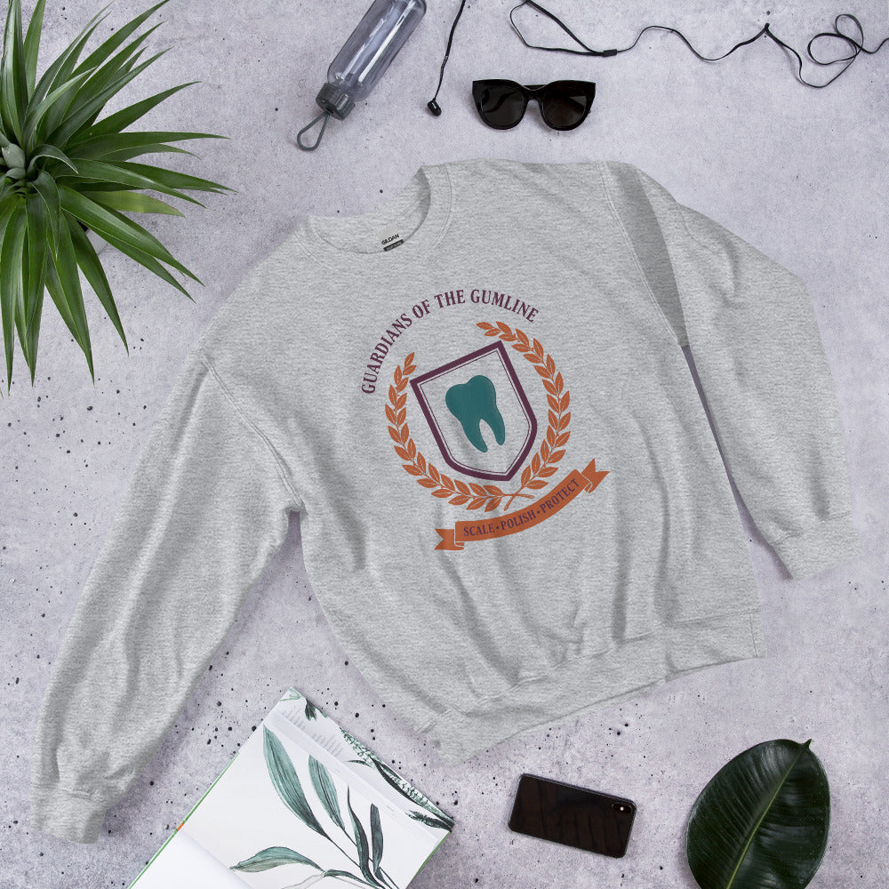 Guardians of the Gumline dental hygienist crewneck sweatshirt — Sport Grey, front-right