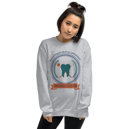 Licensed to Scale registered dental hygienist crewneck sweatshirt — Sport Grey, on model