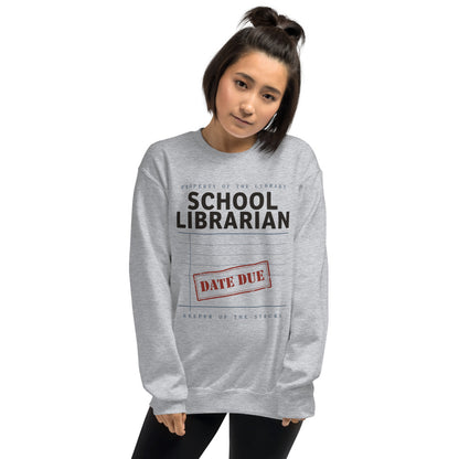 Property of the School Library card catalog school librarian crewneck sweatshirt — Sport Grey, on model
