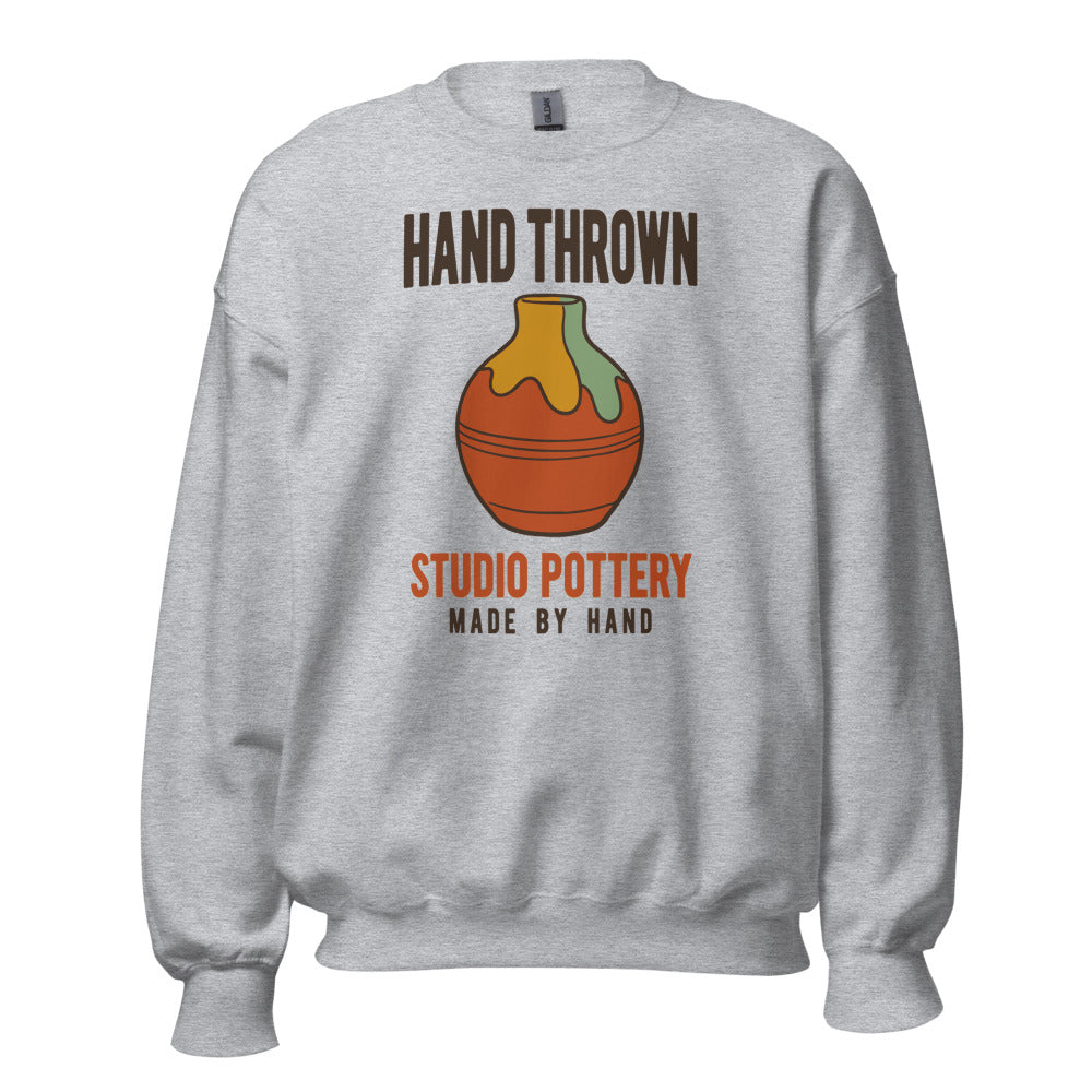 Hand Thrown Studio Pottery retro poster crewneck sweatshirt — Sport Grey, front