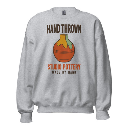 Hand Thrown Studio Pottery retro poster crewneck sweatshirt — Sport Grey, front