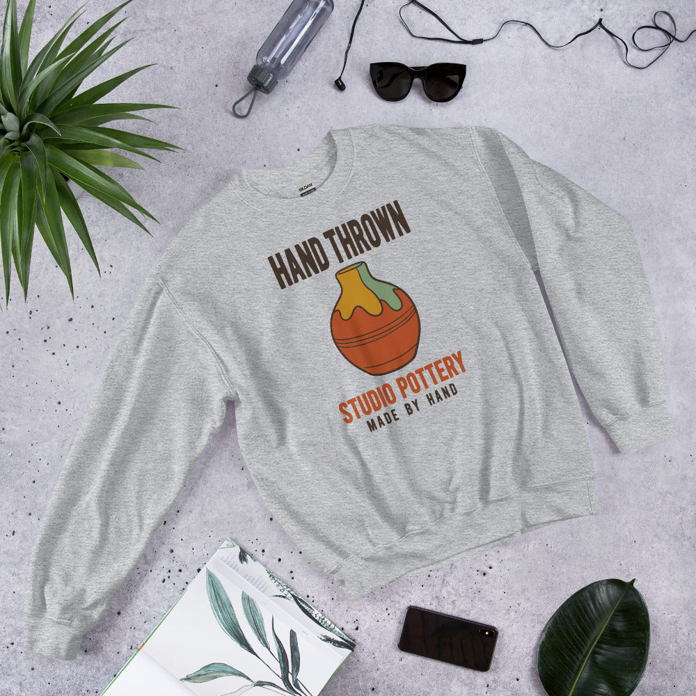 Hand Thrown Studio Pottery retro poster crewneck sweatshirt — Sport Grey, front-right