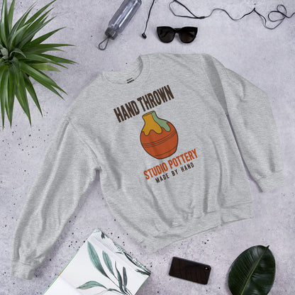 Hand Thrown Studio Pottery retro poster crewneck sweatshirt — Sport Grey, front-right