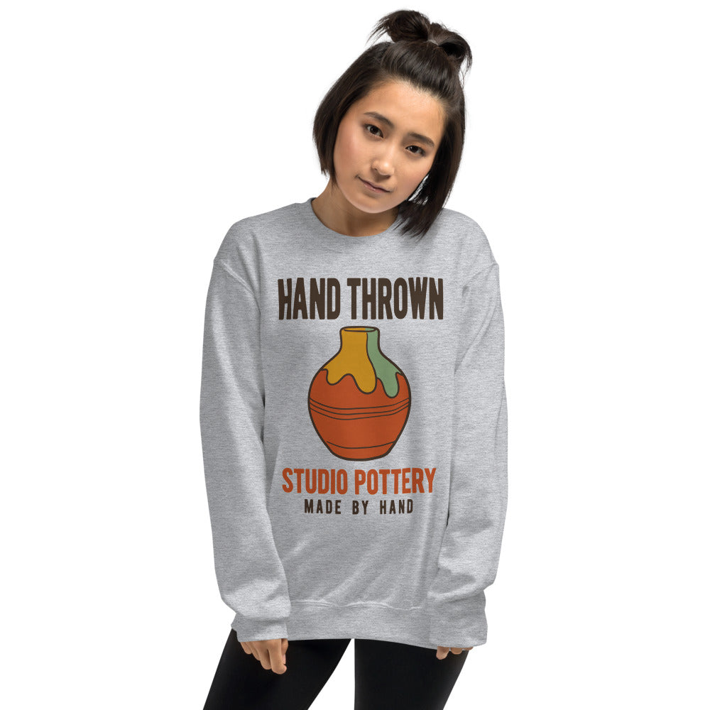 Hand Thrown Studio Pottery retro poster crewneck sweatshirt — Sport Grey, on model