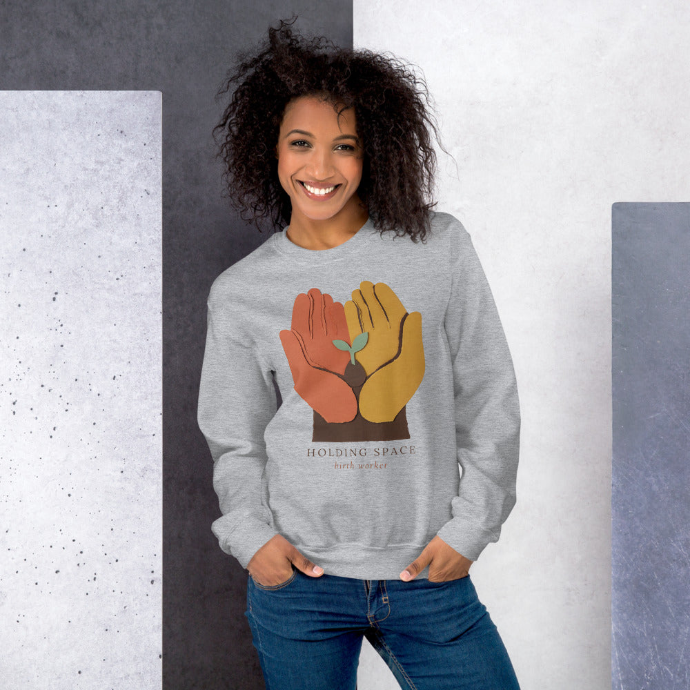 Holding Space birth worker crewneck sweatshirt — Sport Grey, on model
