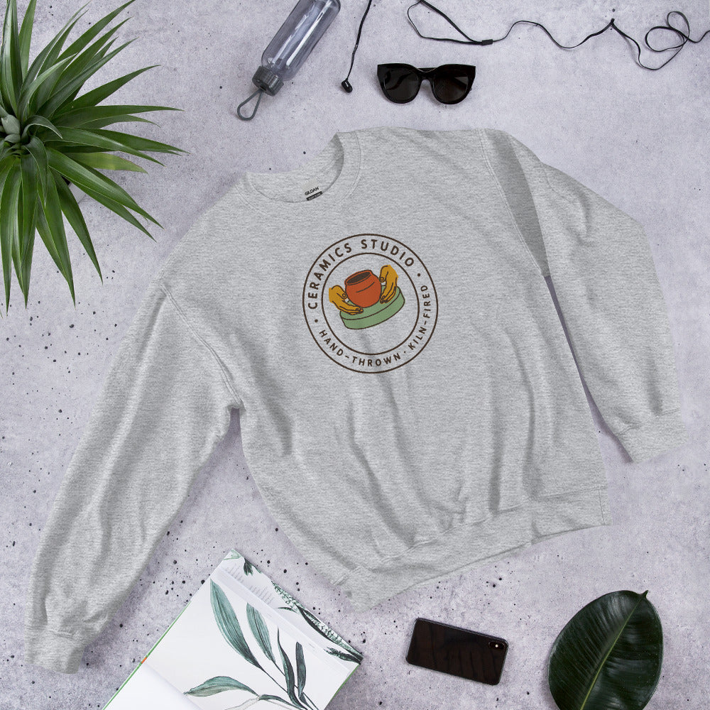 Ceramics Studio Badge hand-thrown pottery crewneck sweatshirt — Sport Grey, flat lay