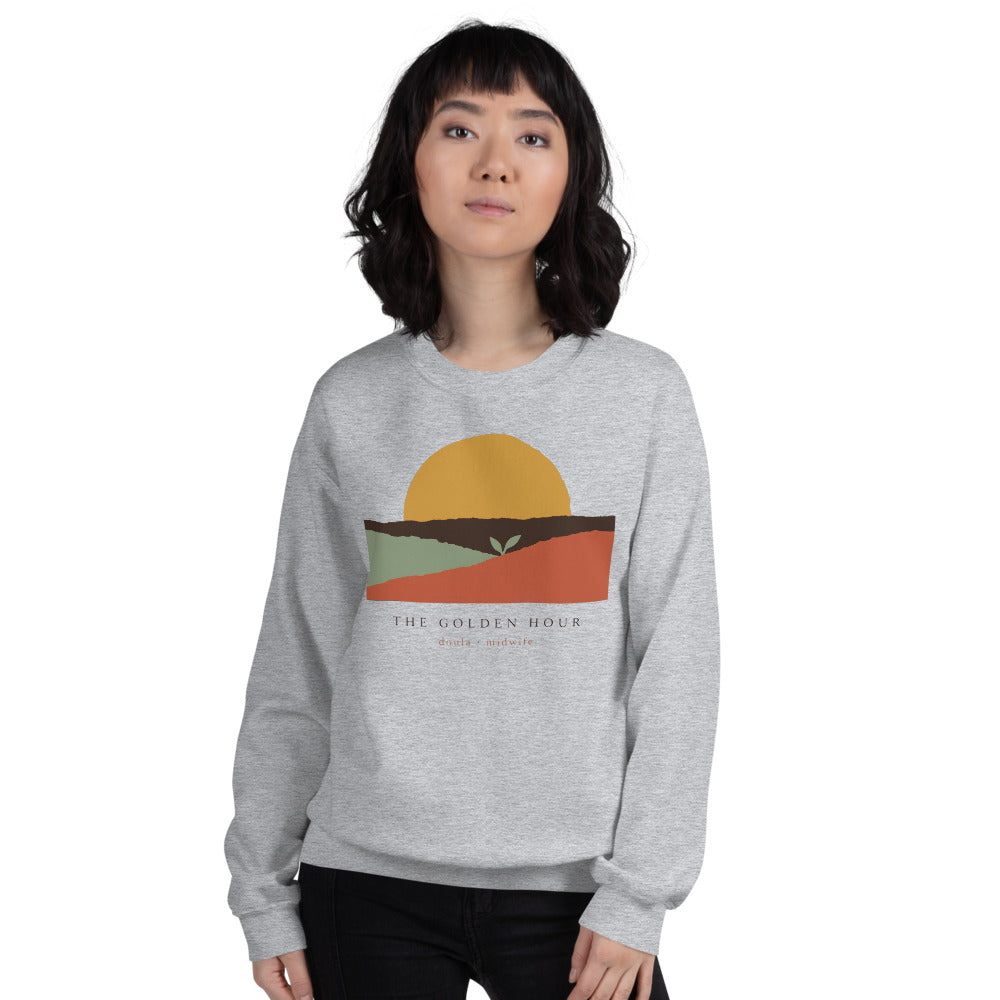 The Golden Hour birth worker crewneck sweatshirt — Sport Grey, on model