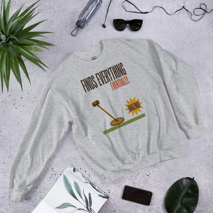 Finds Everything Eventually retro metal detecting crewneck sweatshirt — Sport Grey, flat lay