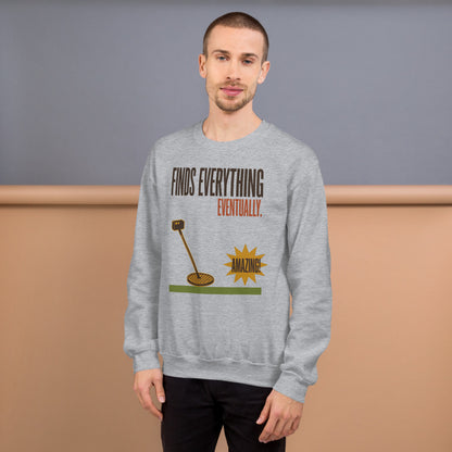Finds Everything Eventually retro metal detecting crewneck sweatshirt — Sport Grey, on model
