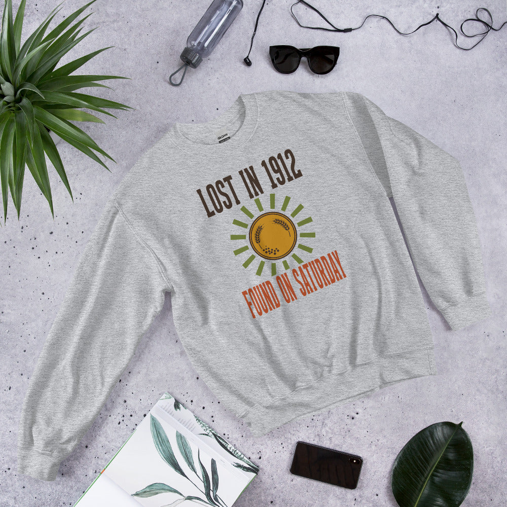 Lost in 1912 Found on Saturday retro metal detecting crewneck sweatshirt — Sport Grey, flat lay