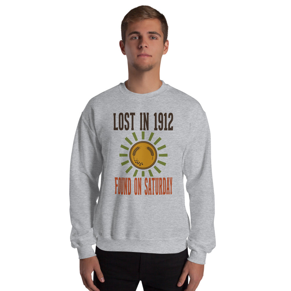 Lost in 1912 Found on Saturday retro metal detecting crewneck sweatshirt — Sport Grey, on model