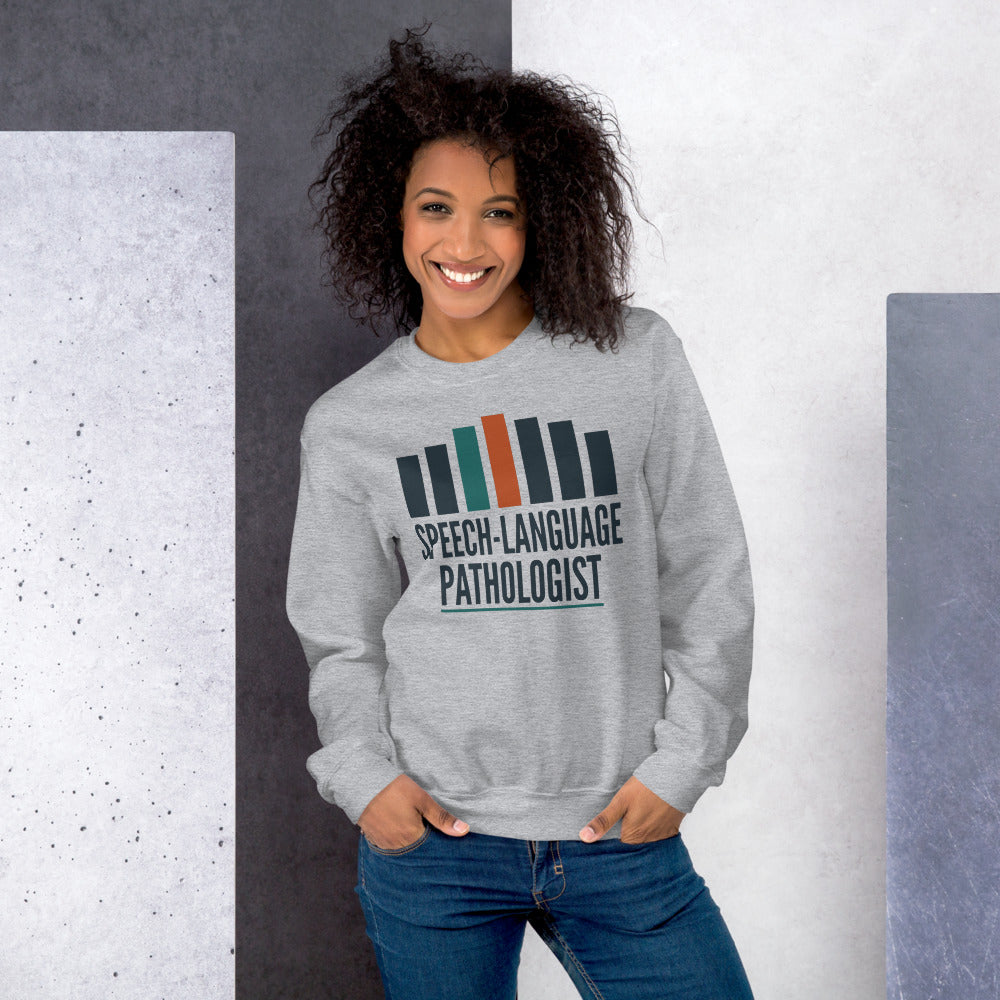 Mid-Century Clinic speech therapy crewneck sweatshirt — Sport Grey, on model