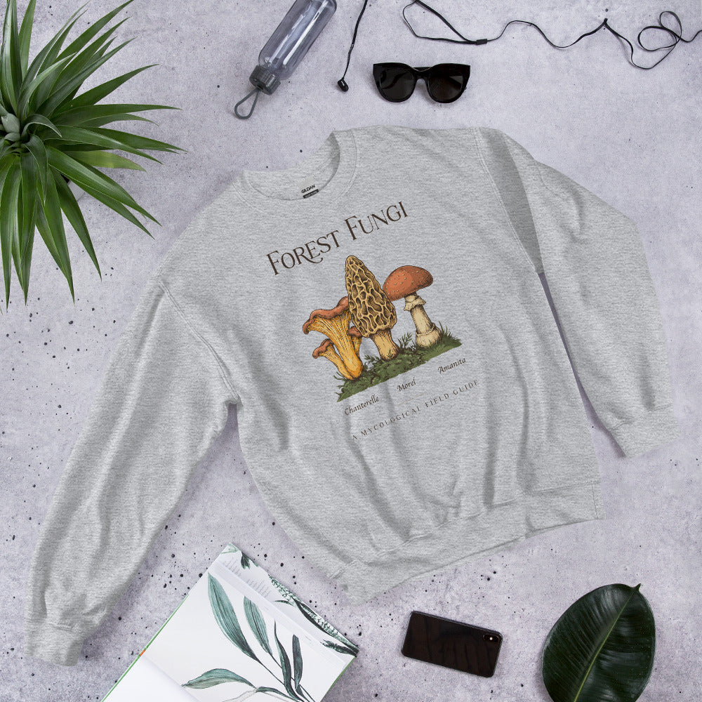 Forest Fungi vintage mushroom field guide crewneck — Sport Grey, flat lay