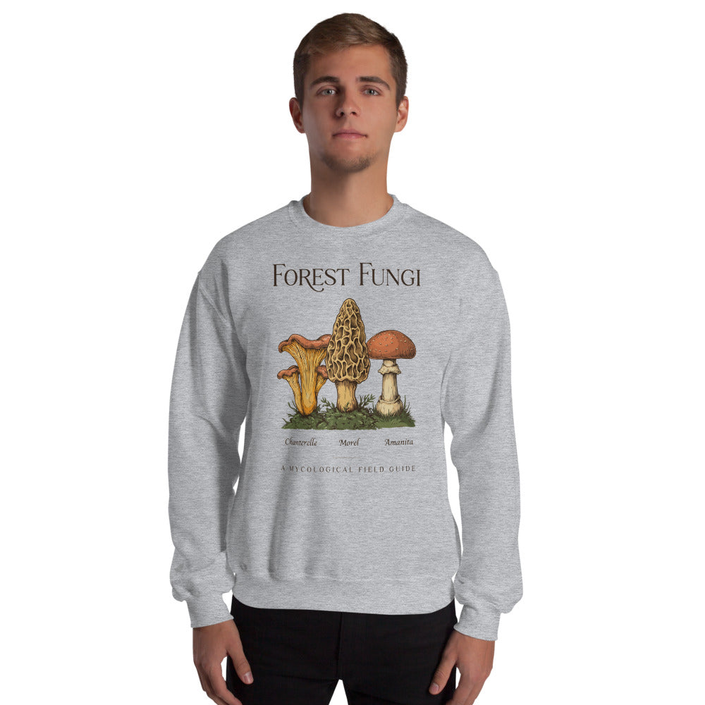 Forest Fungi vintage mushroom field guide crewneck — Sport Grey, on model