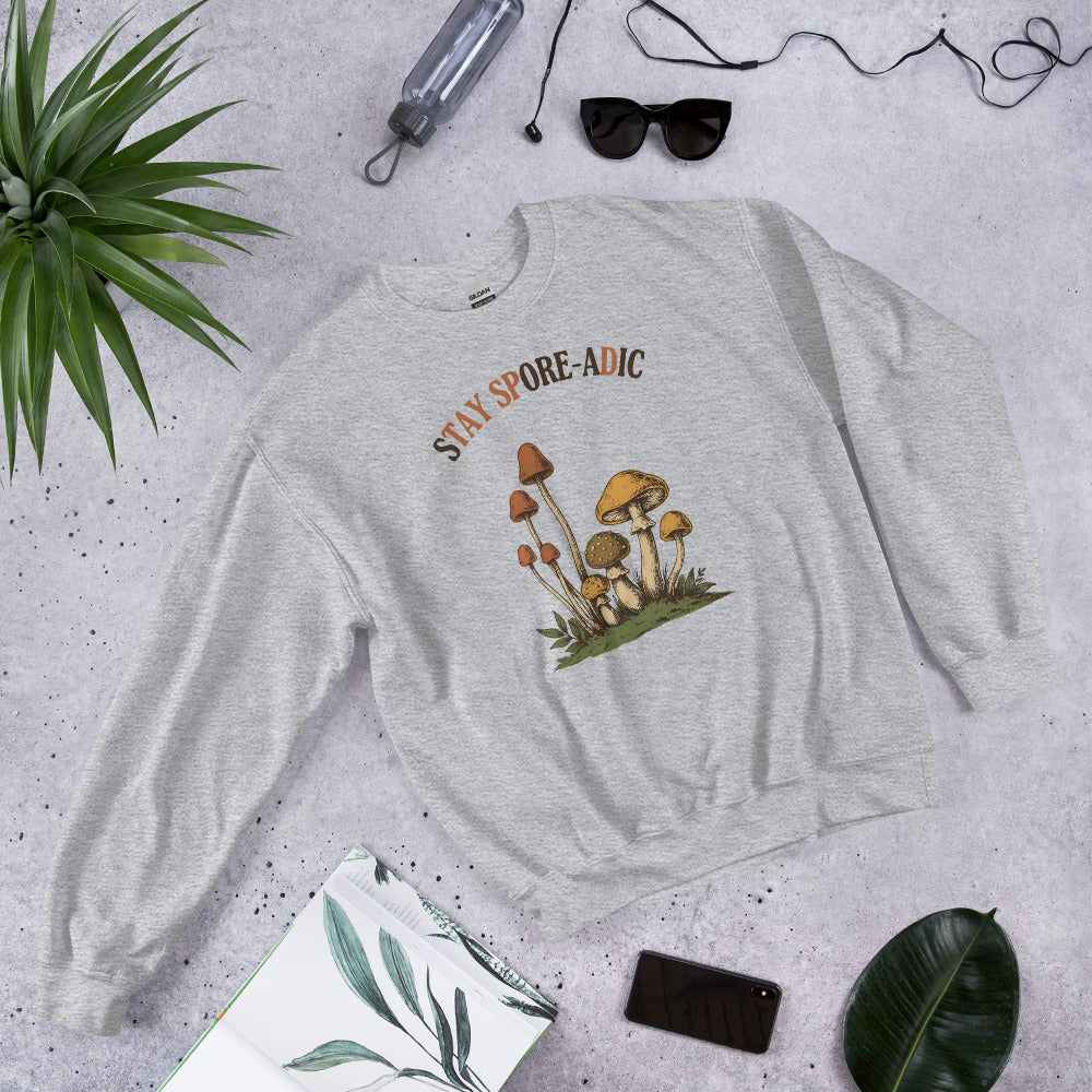 Stay Spore-adic funny vintage mushroom crewneck — Sport Grey, flat lay