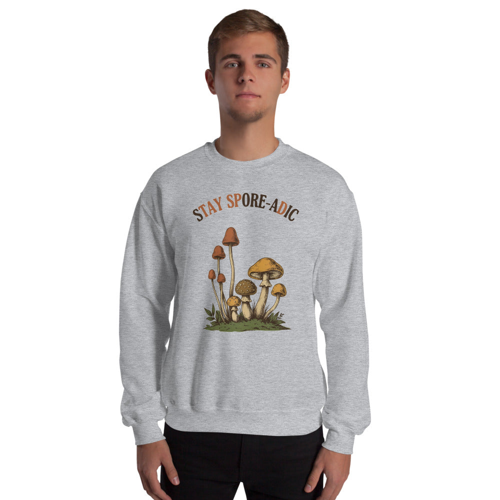 Stay Spore-adic funny vintage mushroom crewneck — Sport Grey, on model