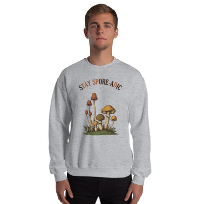 Stay Spore-adic funny vintage mushroom crewneck — Sport Grey, on model