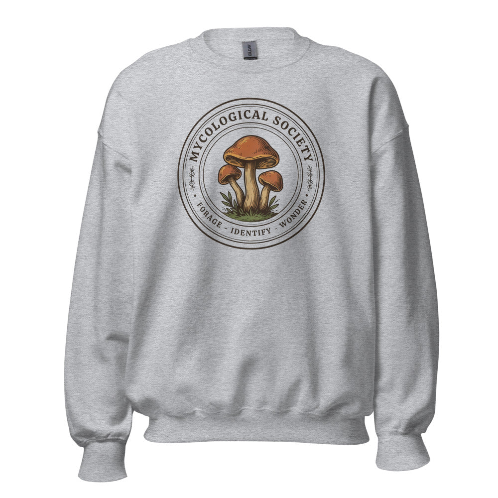 Mushroom Foraging Mycological Society vintage botanical crewneck — Sport Grey, front
