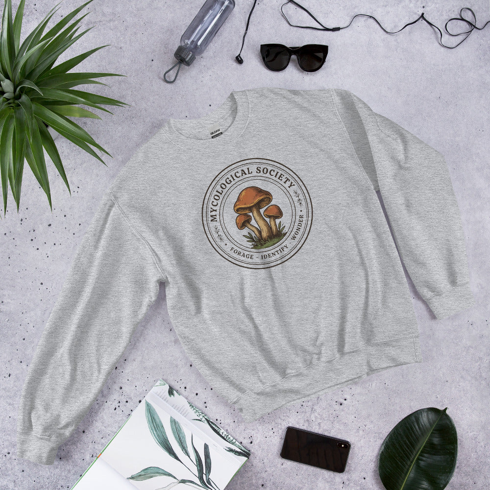 Mushroom Foraging Mycological Society vintage botanical crewneck — Sport Grey, flat lay