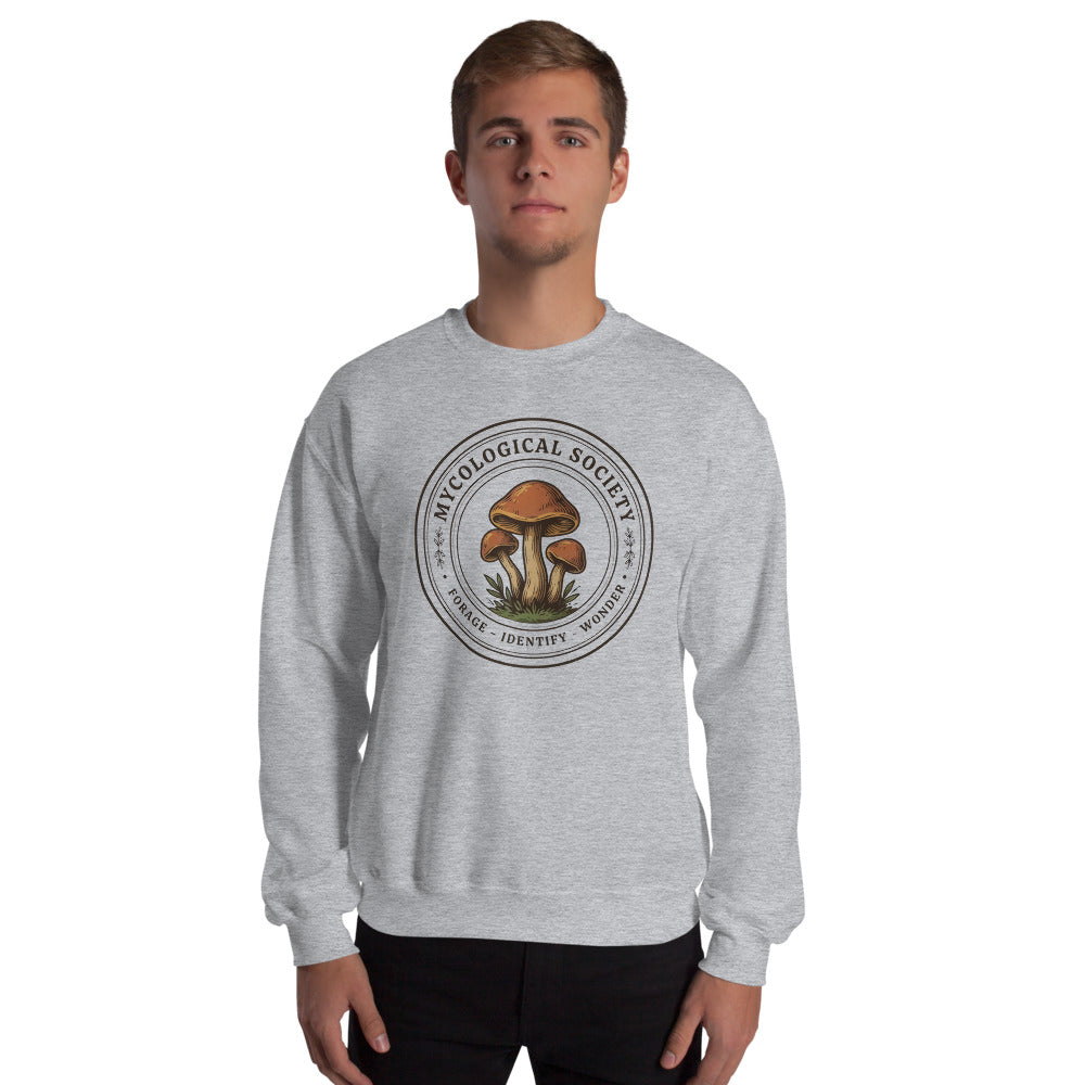Mushroom Foraging Mycological Society vintage botanical crewneck — Sport Grey, on model