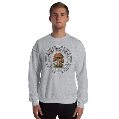Mushroom Foraging Mycological Society vintage botanical crewneck — Sport Grey, on model