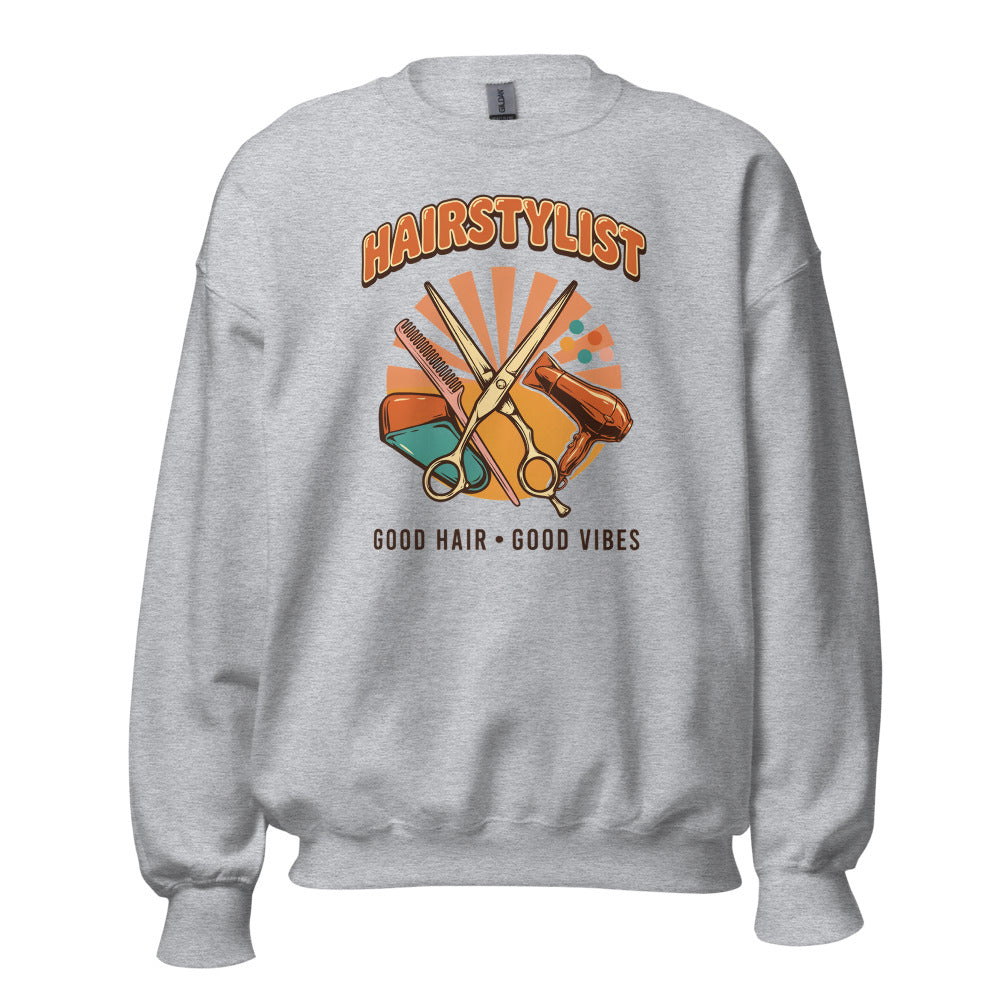 Retro Salon Hairstylist good hair good vibes crewneck — Sport Grey, front