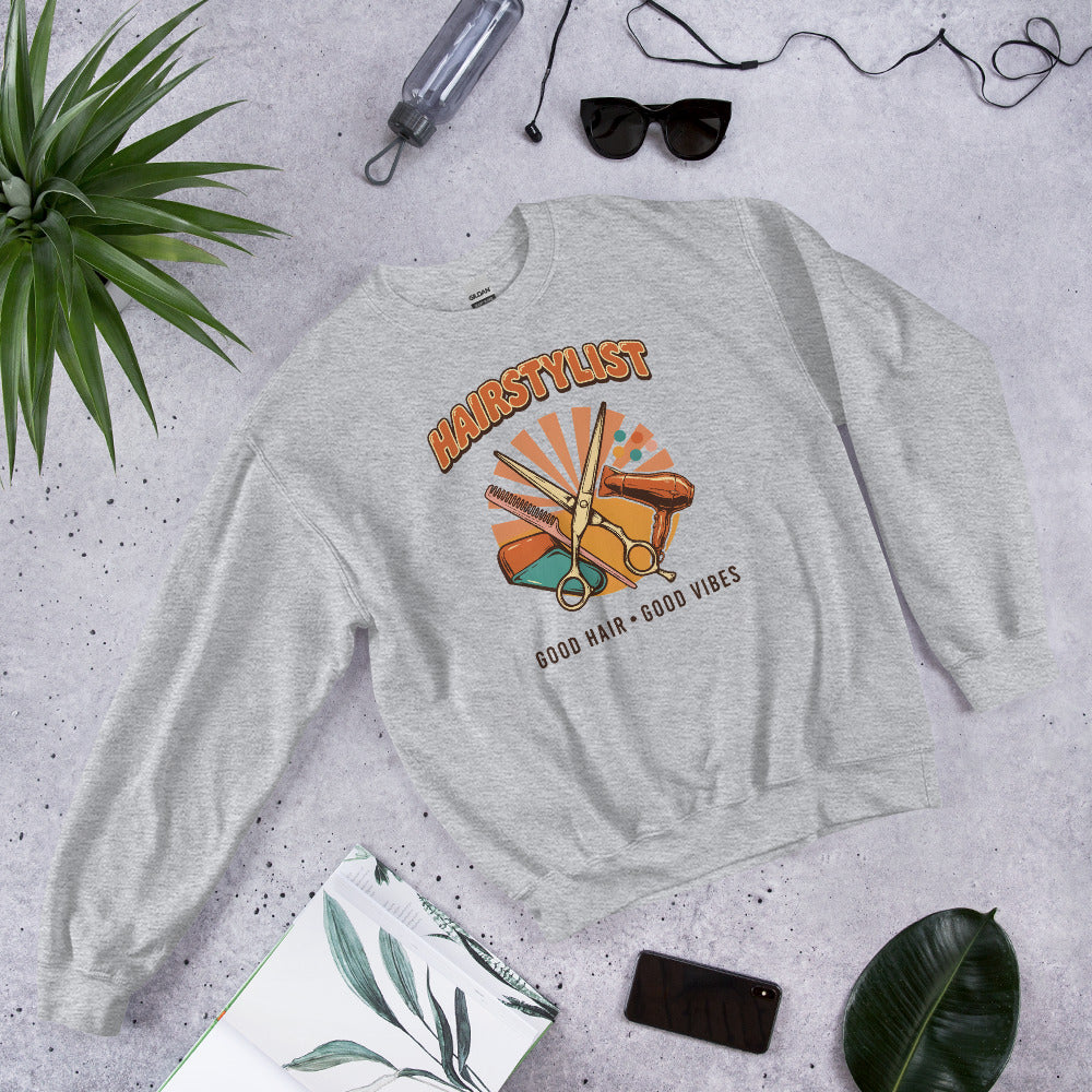 Retro Salon Hairstylist good hair good vibes crewneck — Sport Grey, flat lay