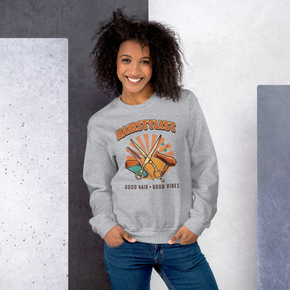 Retro Salon Hairstylist good hair good vibes crewneck — Sport Grey, on model