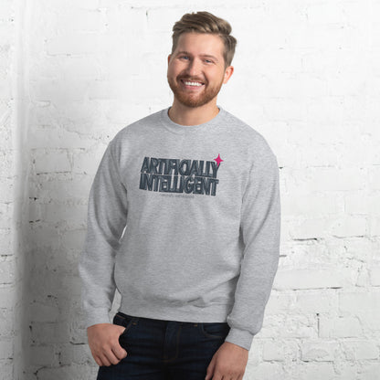 Artificially Intelligent funny AI crewneck sweatshirt — Sport Grey, on model