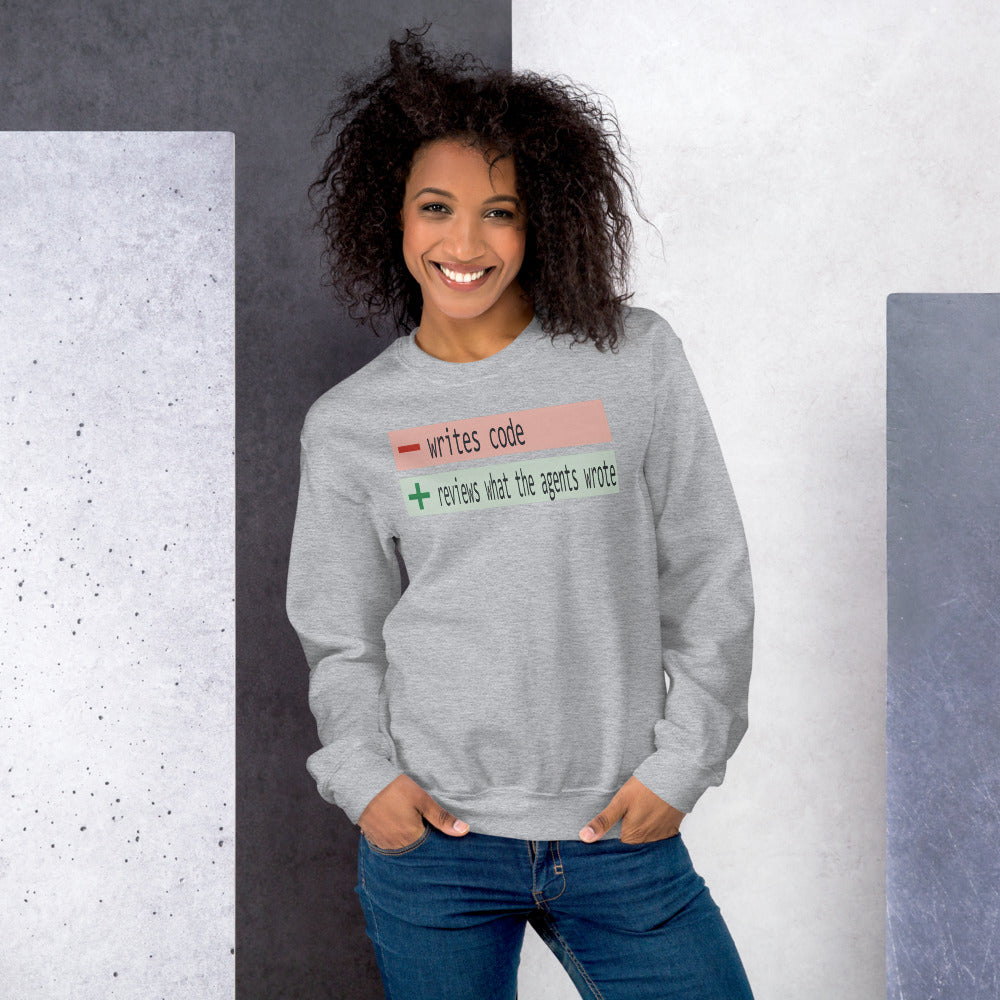 The Diff agentic AI engineer crewneck sweatshirt — Sport Grey, on model