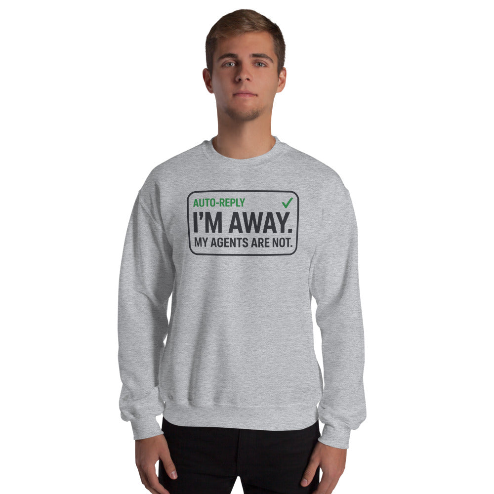 Auto-Reply agentic AI engineer crewneck sweatshirt — Sport Grey, on model