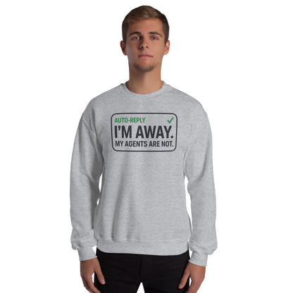 Auto-Reply agentic AI engineer crewneck sweatshirt — Sport Grey, on model